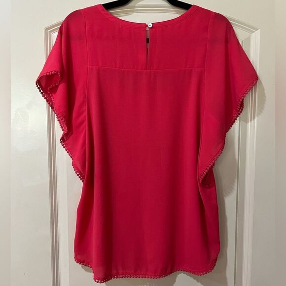 ANTHROPOLOGIE MEADOW RUE Anele Blouse Flutter Short Sleeve Top Lace Red Medium - Picture 2 of 6